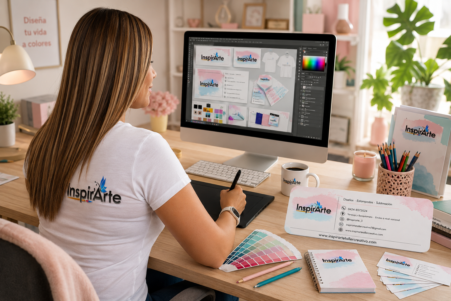 María José Torres trabajando en diseños de InspirArte dentro de su estudio creativo