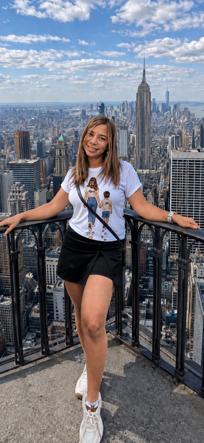 María José Torres usando una franela personalizada de María y Joel con una vista de Nueva York