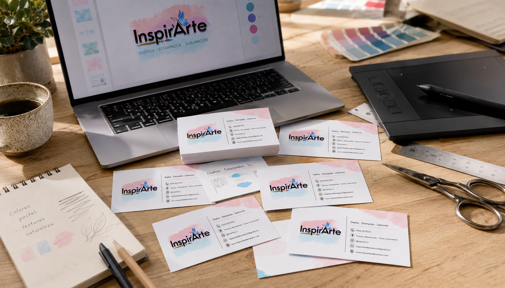 Mesa profesional de diseño gráfico con tarjetas de presentación de InspirArte